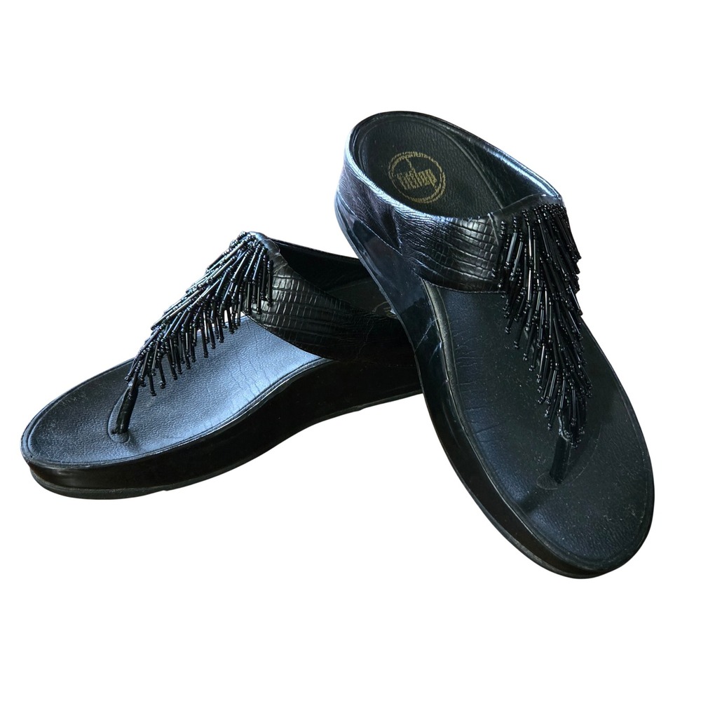 FitFlop Black Beaded Fringe Thong Sandals Platform Embossed Wedge Womens Sz 7